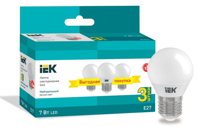 Рекомендуем купить Лампа светодиодная 7Вт G45 шар 4000К нейтр. бел. E27 230В (уп.3шт) IEK LLE-G45-07-230-40-E27-3